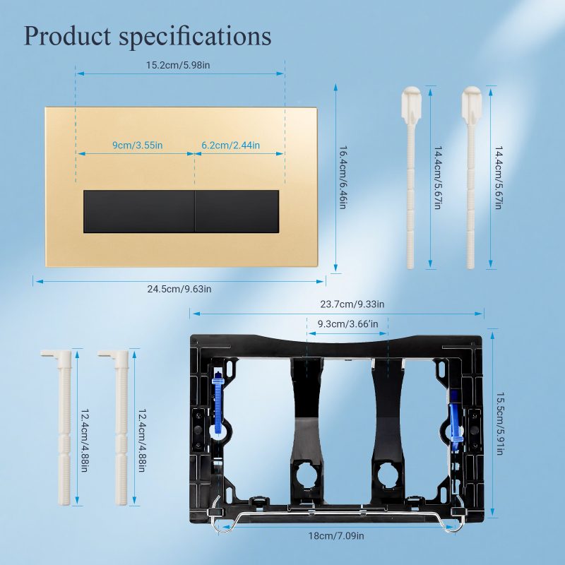 Matte gold frame dual flush plate with matte black buttons dimensions 245 x 164 mm with mounting frame and back structure detail