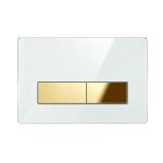 White glass replacement dual flush plate with shiny gold buttons for concealed toilet cistern
