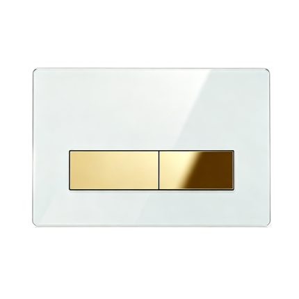 White glass replacement dual flush plate with shiny gold buttons for concealed toilet cistern